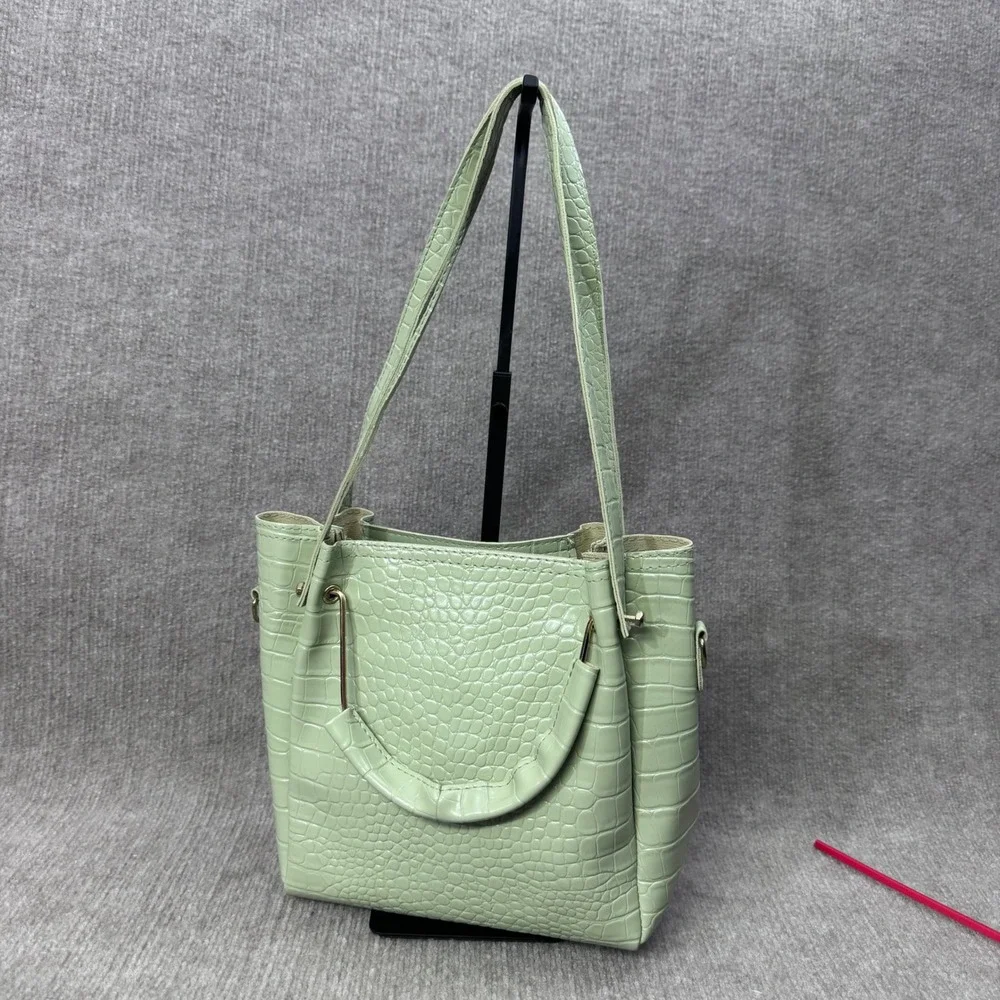Sage Green Croc Embossed 3 PC Synthetic Purse‎ Set Bucket Bag Crossbody Wallet
